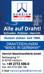 Henrich Maschinenfabrik Herborn Banner mit Kontaktdaten und Informationen zu Grobzug Ziehlinien, Drahtmaschinen und industriellen Fertigungslösungen.
