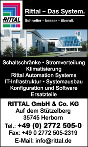 Banner der RITTAL GmbH & Co. KG mit Kontaktdaten sowie Informationen zu Schaltschränken, Industrieautomation und moderner Systemtechnik in Herborn.